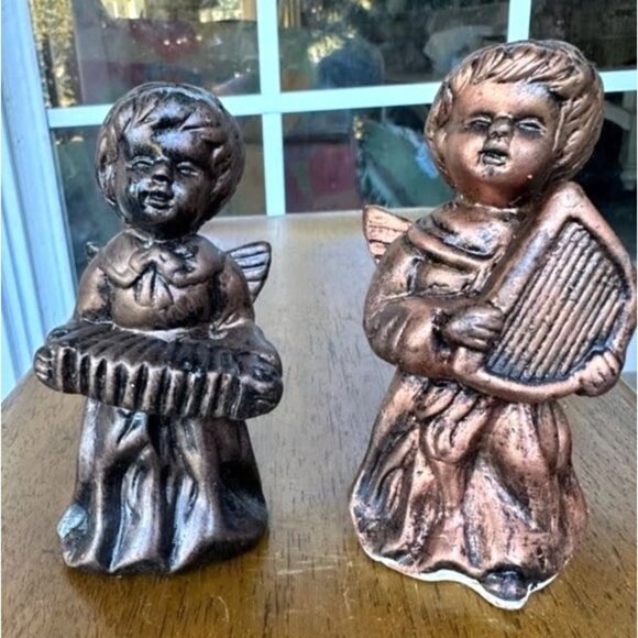 VTG Porcelain Angel Figurines Set of 2 Antique Look Bronze Finish Midwestern Hom - Picture 1 of 12